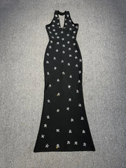 Black Halter Diamond Beaded Backless Gown