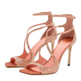 Pink rhinestone ankle strap stiletto sandal