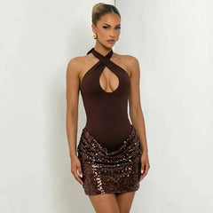 Cross Neck Ruched Sequin Mini Dress