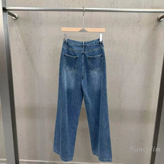 Patchwork Button Intricate Design Wide Leg Denim Pants