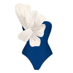 One-Piece Swimsuit With Pearl Embellishment and Matching Wrap Skirt