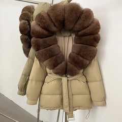 Beige puffer jacket with brown fur collar