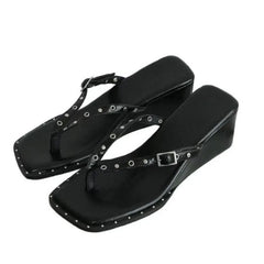 Studded wedge square toe thong sandals