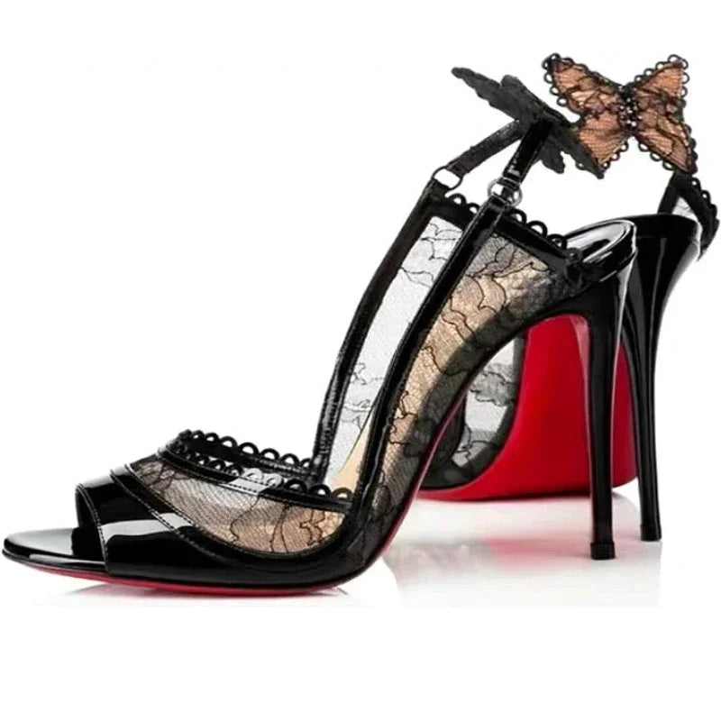 Black lace stiletto heel with peep toe and butterfly accent