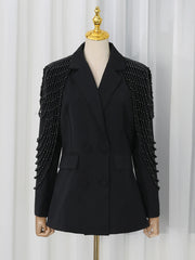 Pearl Beaded Tassel Shoulder Double Breasted Blazer