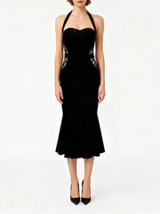 Black Mermaid Midi Dress with Side Lace Trim