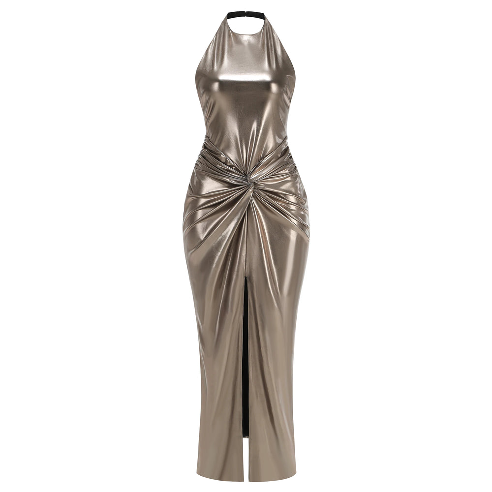 Metallic halter neck dress with a front slit on a white background
