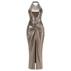 Metallic halter neck dress with a front slit on a white background
