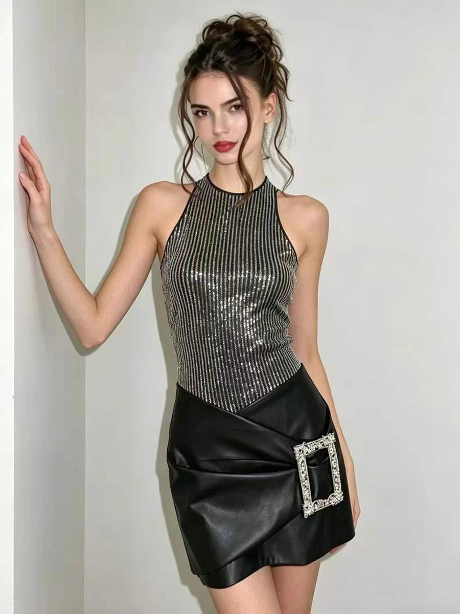 Halter neck sequin mini dress detail