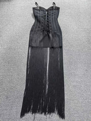Corset Spaghetti Strap Beaded Fringe Gown