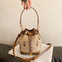 Embroidered Bear Canvas Drawstring Bucket Bag