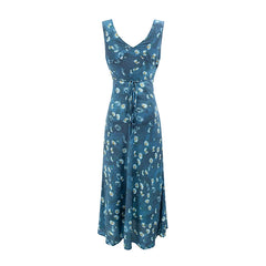 Back view of a v-neck sleeveless maxi dress with daisy print and tie waist
