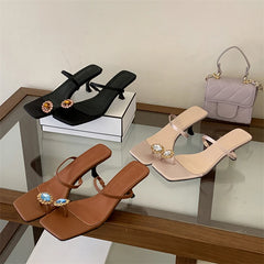Assorted crystal embellished square toe flip flops