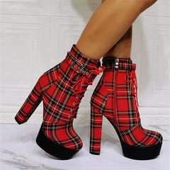 Close-up view of plaid platform lace-up chunky heel boots