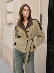 Faux Leather Patchwork Collar Belt Waist Cinched Jacket