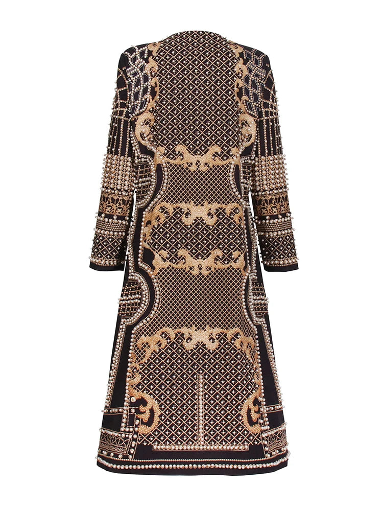 Embellished geometric print coat back view