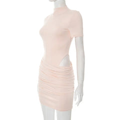 Cut-Out Ruched Mini Dress – Pink High Neck Clubwear