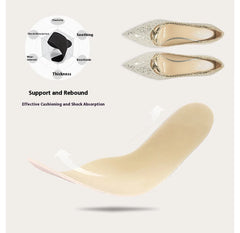 Shoe insole with support and rebound features, displayed with high-heeled shoes.