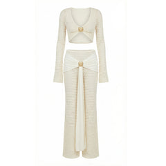 White Cropped Long Sleeve Knit Top and Maxi Skirt Set
