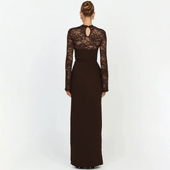 Mock Neck Lace Sheer Long Sleeve Maxi Dress