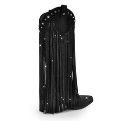 Black studded and fringed boot on a white background