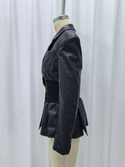 Black leather jacket on a mannequin against a white background