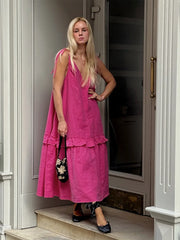 Pink Spaghetti Strap Ruffled Flowy Maxi Dress