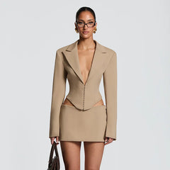 Structured Crop Hook Deep Neck Blazer and Mini Skirt Set