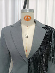 Grey Sequin Embellished Fringed Lapel Blazer