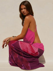 Deep V-Neck Cowl Neck Top and Floral Print Maxi Skirt Set