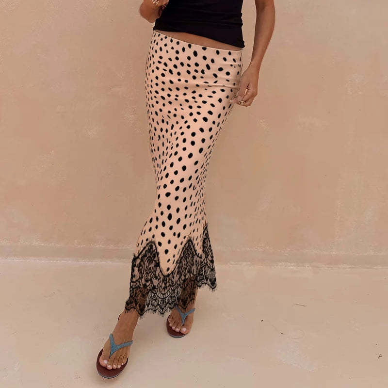Beige polka dot lace trim maxi skirt