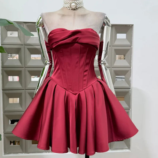 Red strapless corset fit and flare dress