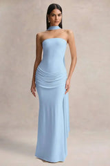 Strapless Choker Neck Gathered Waist Maxi Dress
