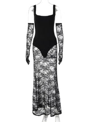 Black Sheer Square Neck Bodysuit Maxi Dress With Gloves