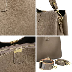 Collage of a brown leather handbag with gold accents, showing different angles and details.
