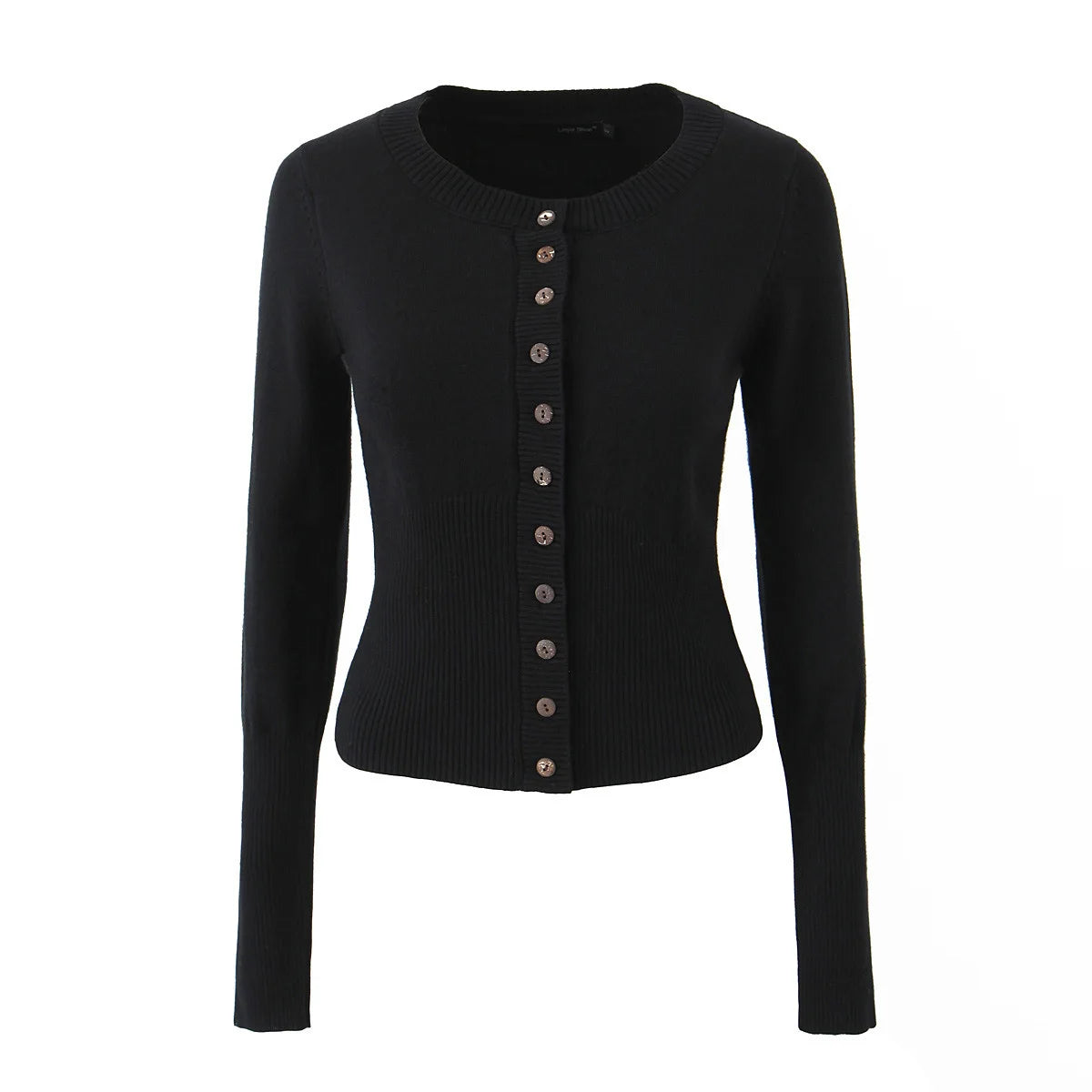 Black cardigan with button details on a white background