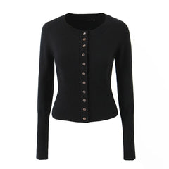Black cardigan with button details on a white background