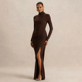 Turtleneck Long Sleeve Ruched Thigh High Split Long Dress