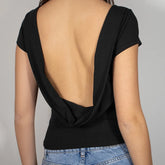 Open back cowl neck short sleeve top detail