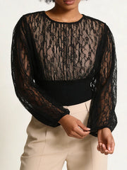 Black Lace Round Neck Long Sleeve Top