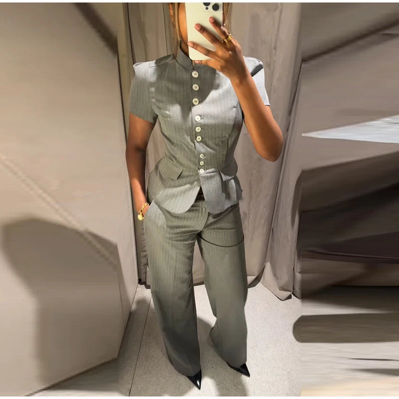 Short sleeve mandarin collar pinstripe fitted blazer and wide leg pants two-piece set