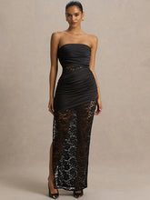 Black strapless ruched lace maxi dress with high slit