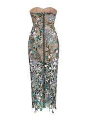 Strapless Floral Sequin Mesh Column Gown