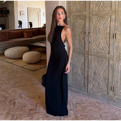 Polka Dot Beaded Strap Open Back Maxi Dress