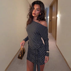 Striped Off Shoulder Tie Waist Mini Dress