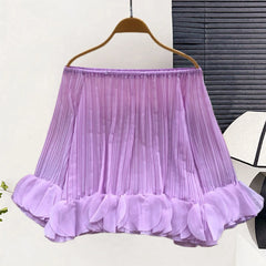 Pleated Off Shoulder Petal Hem Long Sleeve Top