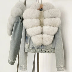 Denim jacket with white fur vest on a stand