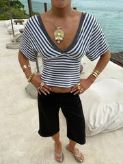 V-Neck Striped Knit Cropped Top with Dolman Sleeves