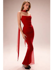 Red Corset Crop Top And Bodycon Maxi Skirt With Scarf Set