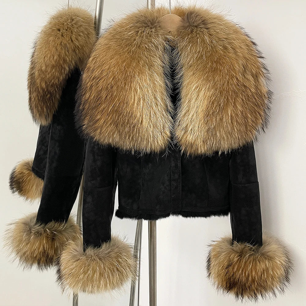 Black cropped jacket with natural raccoon fur collar and cuffs